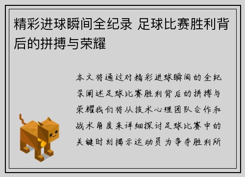 精彩进球瞬间全纪录 足球比赛胜利背后的拼搏与荣耀