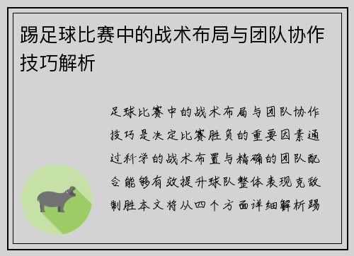 踢足球比赛中的战术布局与团队协作技巧解析