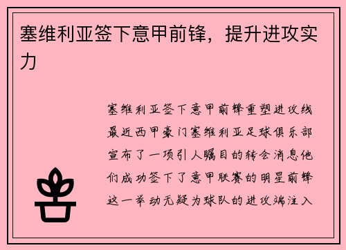 塞维利亚签下意甲前锋，提升进攻实力