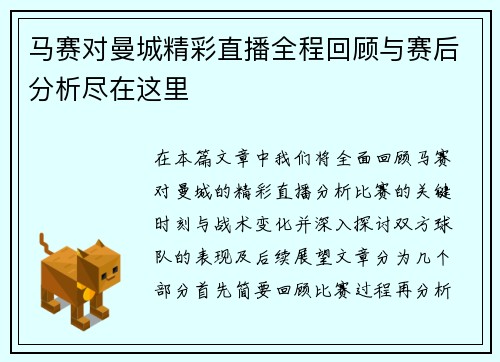 马赛对曼城精彩直播全程回顾与赛后分析尽在这里