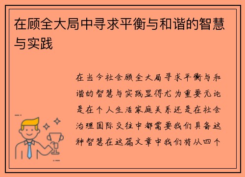 在顾全大局中寻求平衡与和谐的智慧与实践
