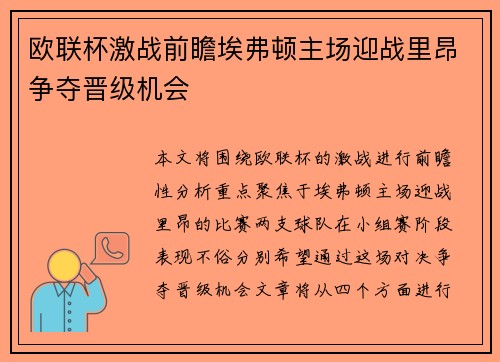 欧联杯激战前瞻埃弗顿主场迎战里昂争夺晋级机会