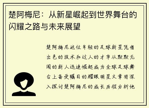 楚阿梅尼：从新星崛起到世界舞台的闪耀之路与未来展望