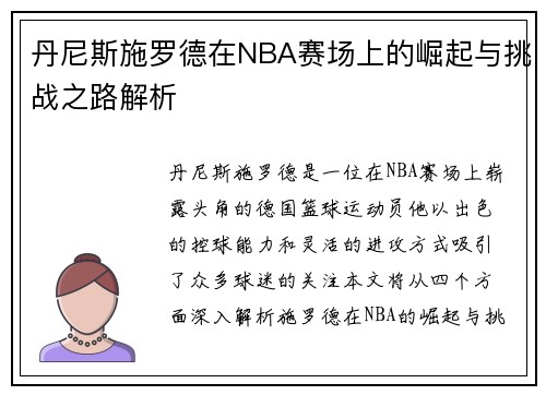 丹尼斯施罗德在NBA赛场上的崛起与挑战之路解析