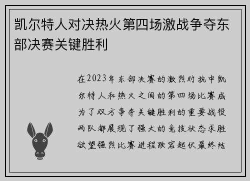 凯尔特人对决热火第四场激战争夺东部决赛关键胜利
