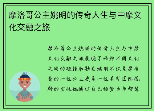 摩洛哥公主姚明的传奇人生与中摩文化交融之旅