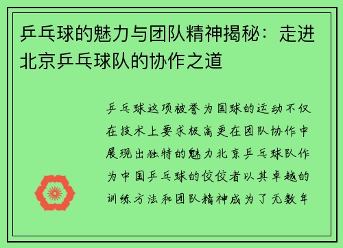 乒乓球的魅力与团队精神揭秘：走进北京乒乓球队的协作之道